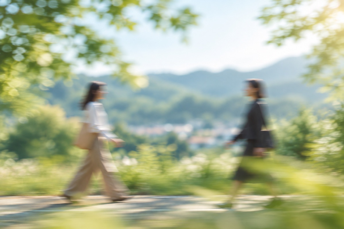 地方の緑が広がる景色の中を歩く二人